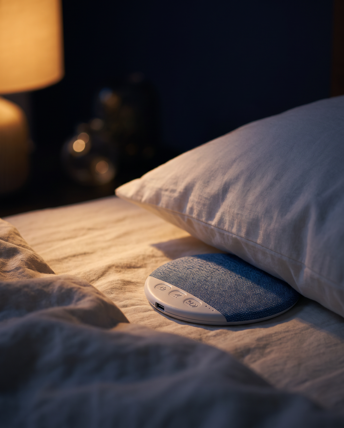 Undertone under-pillow speaker tucked under a pillow at night