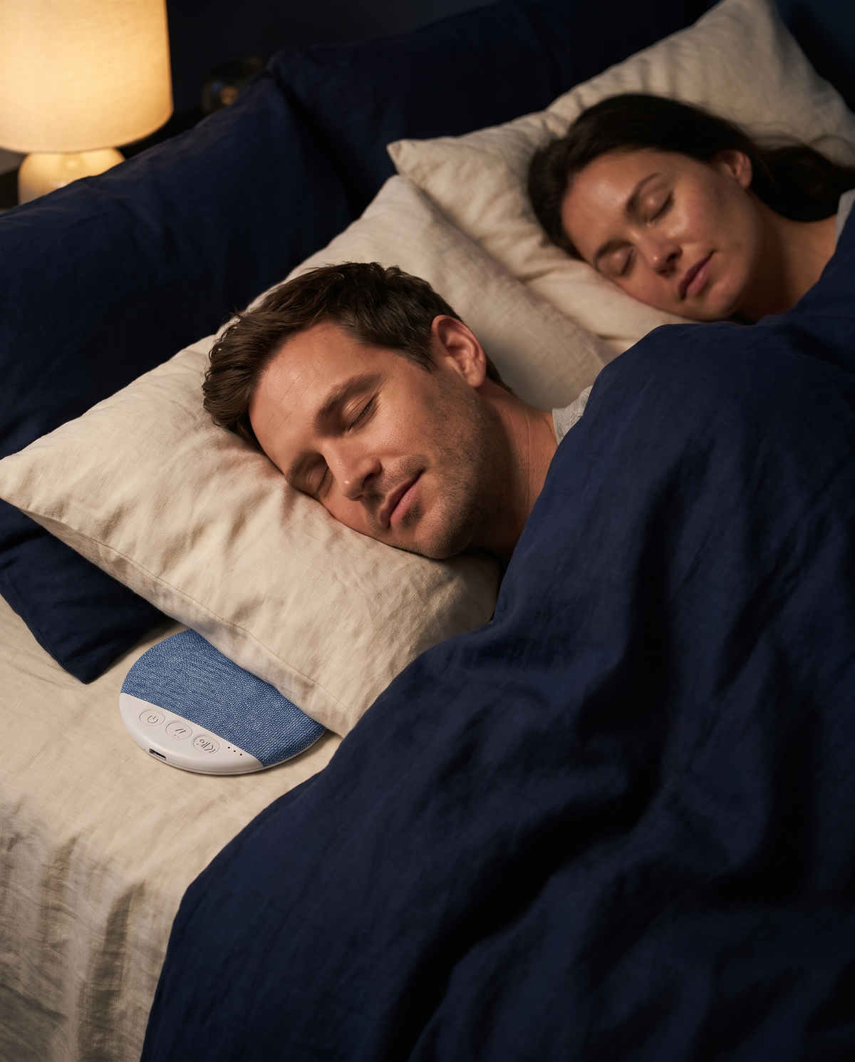 Couple asleep in bed with the Undertone speaker under his pillow