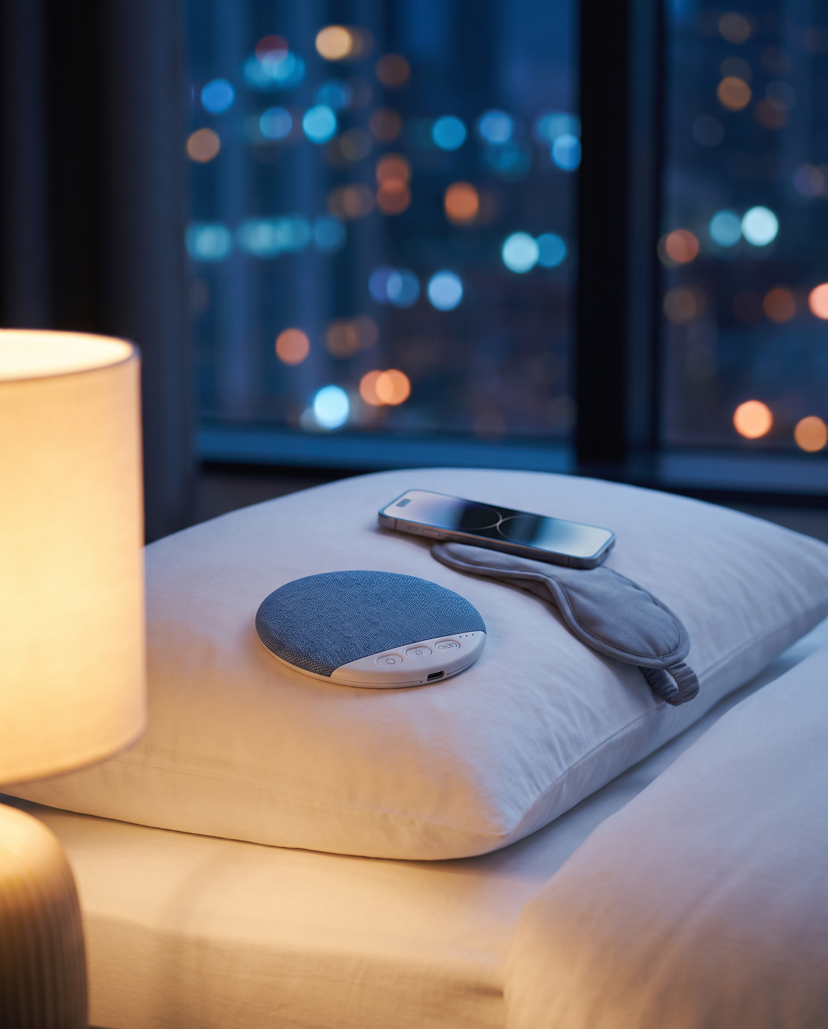 Undertone speaker on a hotel pillow with a phone and sleep mask