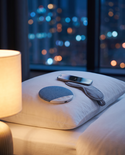 Undertone speaker on a hotel pillow with a phone and sleep mask